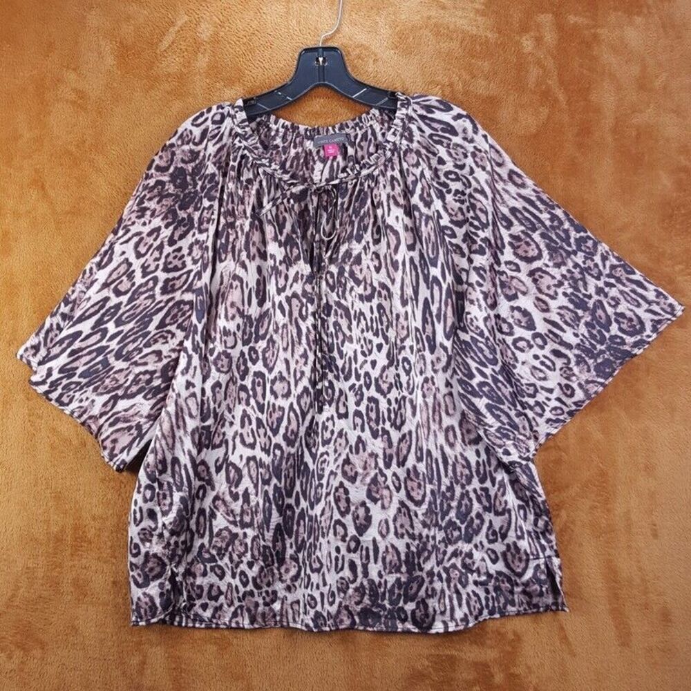 VINCE CAMUTO Womens Top XL Brown Leopard Pullover Wide Sleeve Flowy Blouse